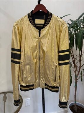 Dolce & Gabbana Gold Metallic Bomber Jacket with Black Stripes
